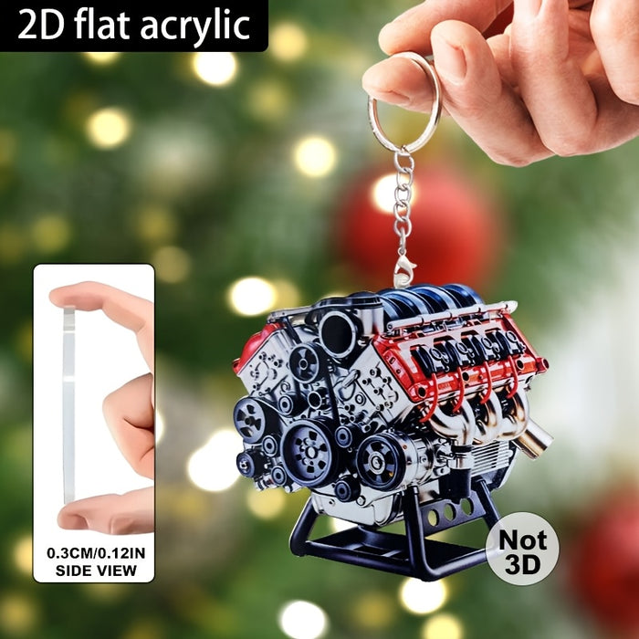V8 Engine Keychain Flat 2D Car Enthusiast Gift